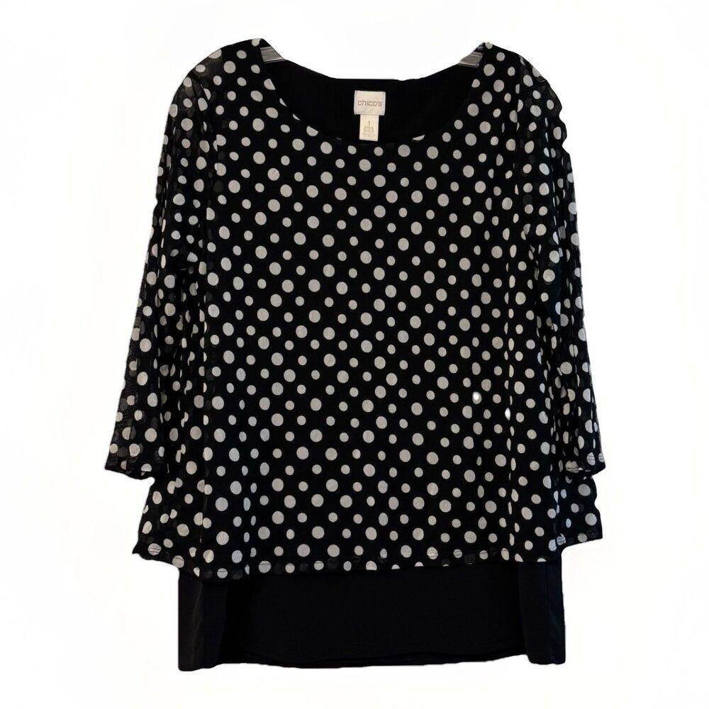 Chicos Top Black White Sheer Polka Dot Overlay Size 1 (Women’s Medium) - Picture 1 of 6